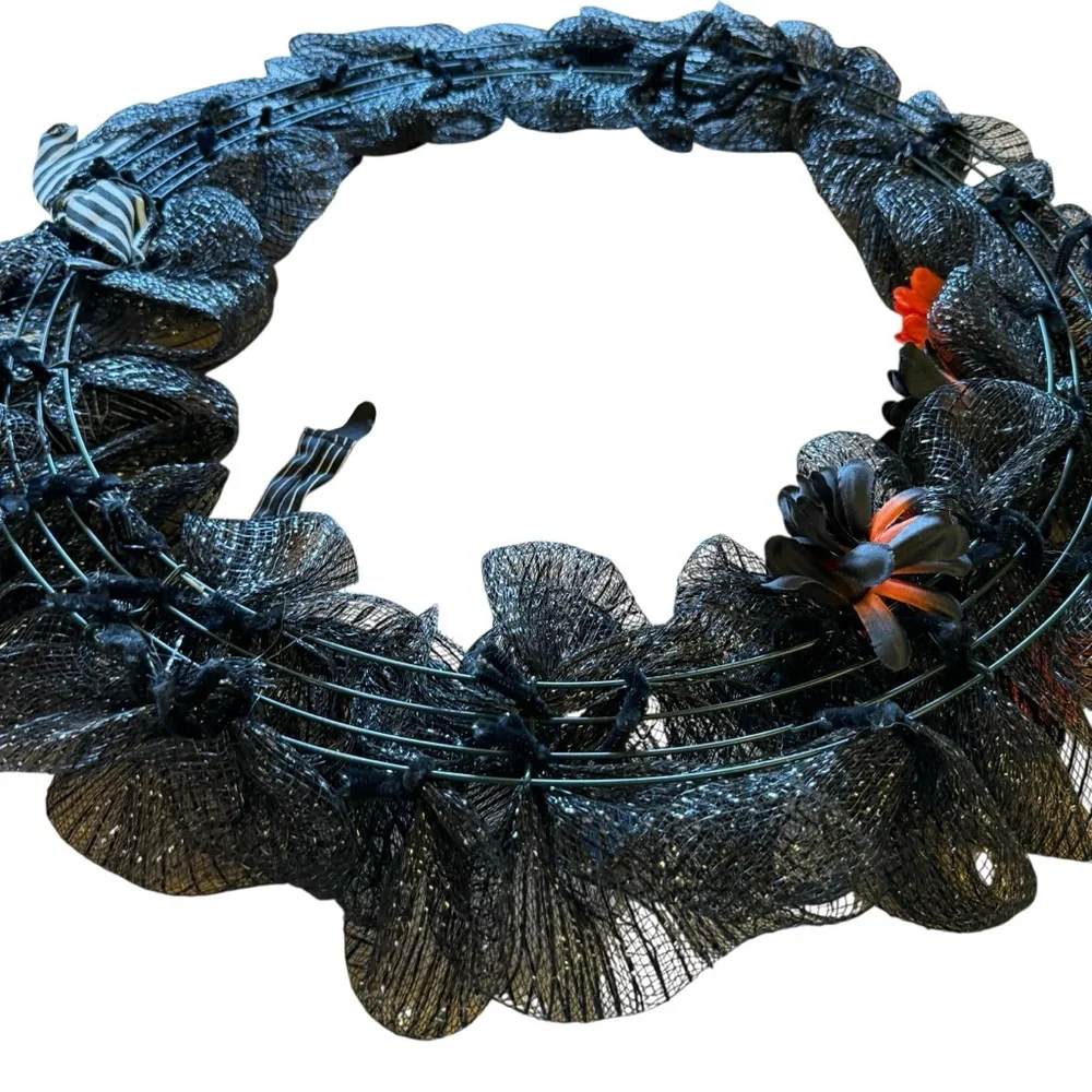 Halloween Black Mesh Wreath with Jack Skellington Figurine & Orange Flowers – 22